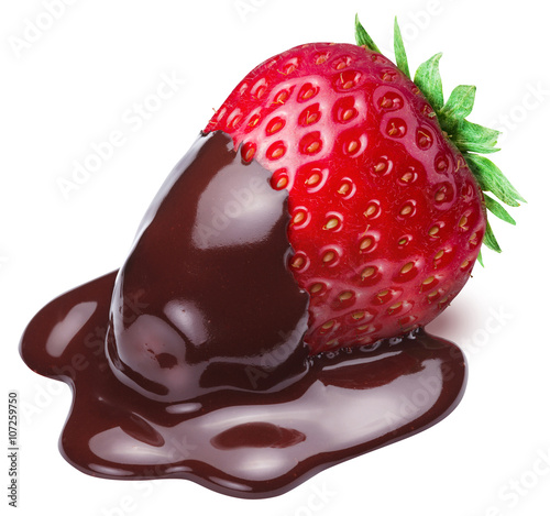 Strawberry dipped in chocolate fondue.