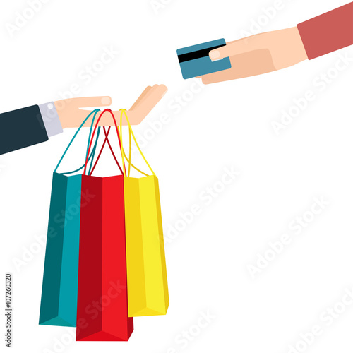 Shopping vector illustration. Hand with shopping bags and hand with credit bank card.