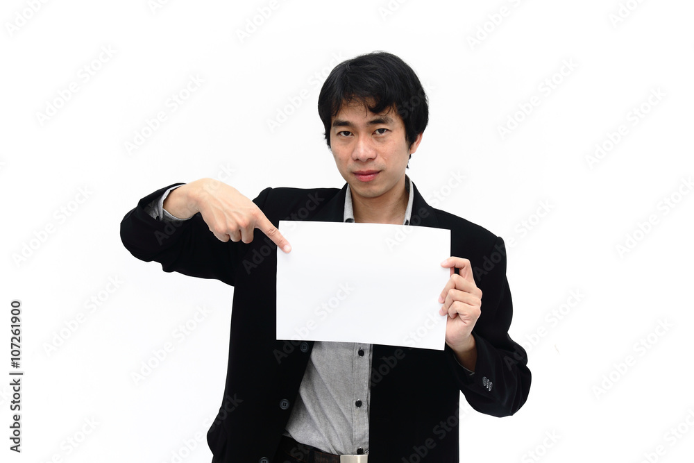 Businessman pointing to a blank clipboard isolated on white background Businessman pointing to a blank clipboard isolated on white background