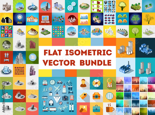 Big bundle set/Big bundle set of design templates, design elements, isometric objects buildings
