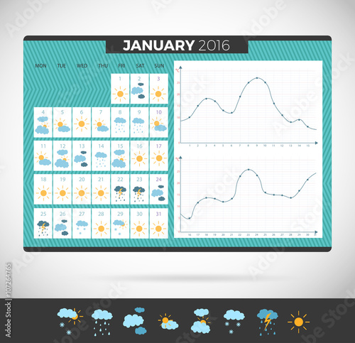  Weather journal vector Template. Weather diary with illustrations and temperature schedule meteorological calendar