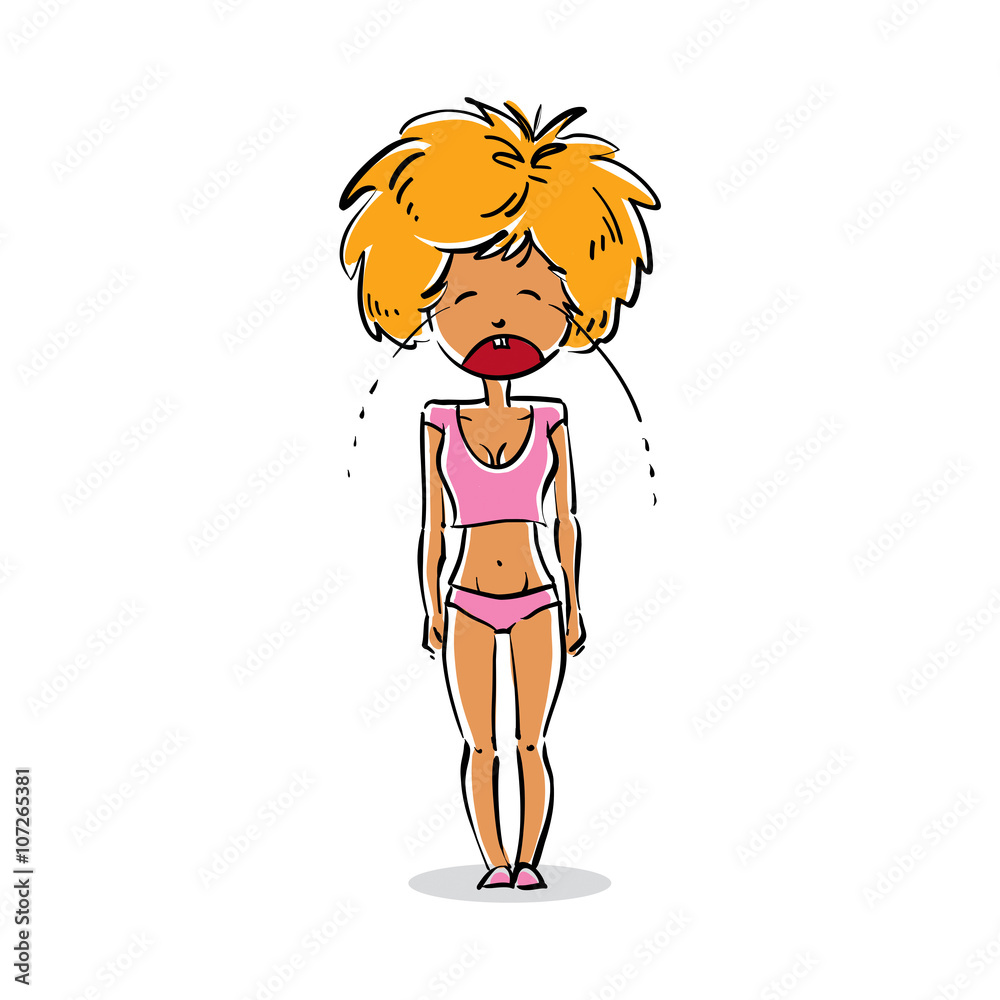 Cartoon illustration of Caucasian type woman, crying blonde lady