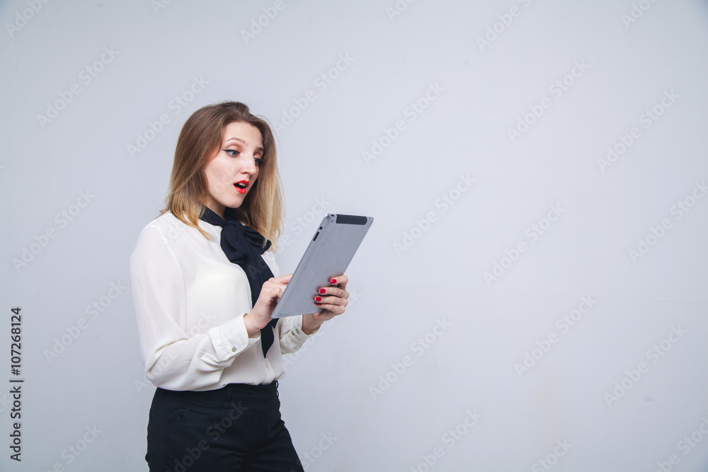 woman with a tablet pc isolated on white