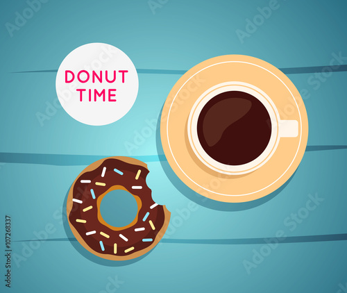 Sweet donut with coffee. Donut on table. Dinner on a donut at th