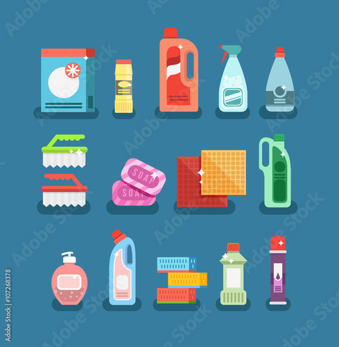 Cleaning tools vector set. Detergents for cleaning home or hotel
