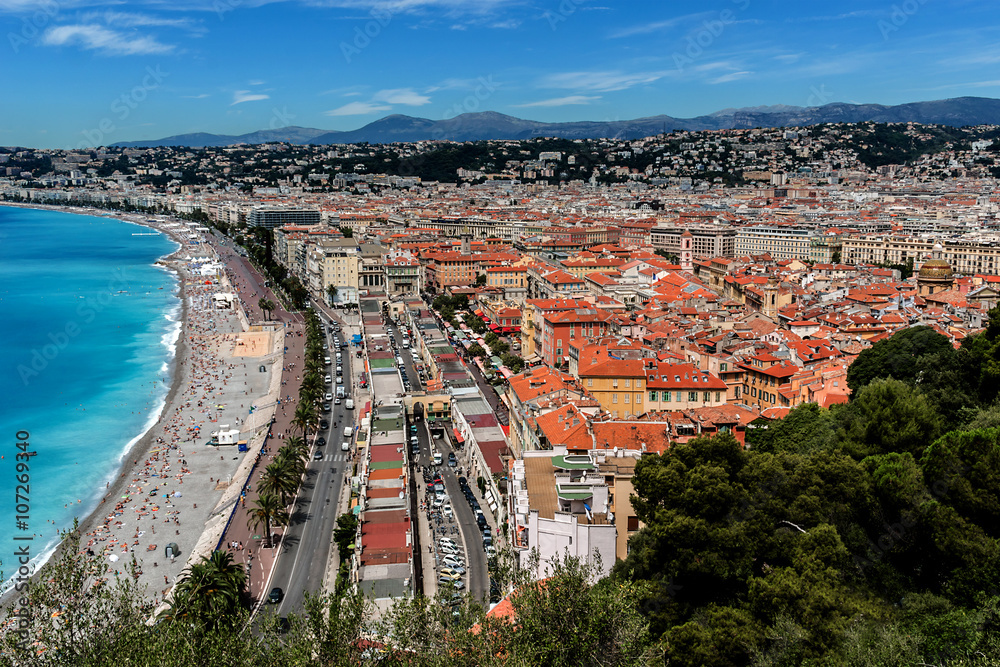 Panoramic view of Nice with colorful houses, Cote d'Azur, France