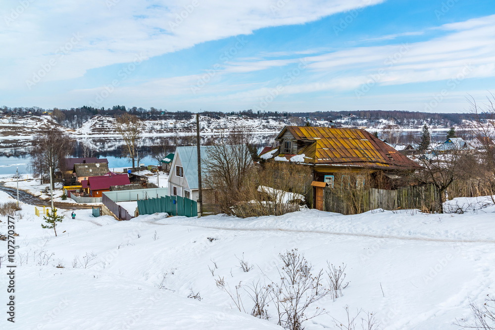  small village on banks of river Volga, Russia