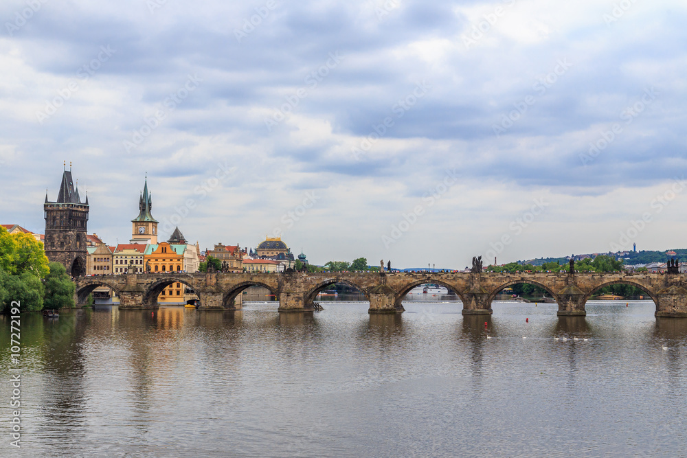PRAGUE, CZECH REPUBLIC. View of the Vltava river , buildings and The Charles Bridge
