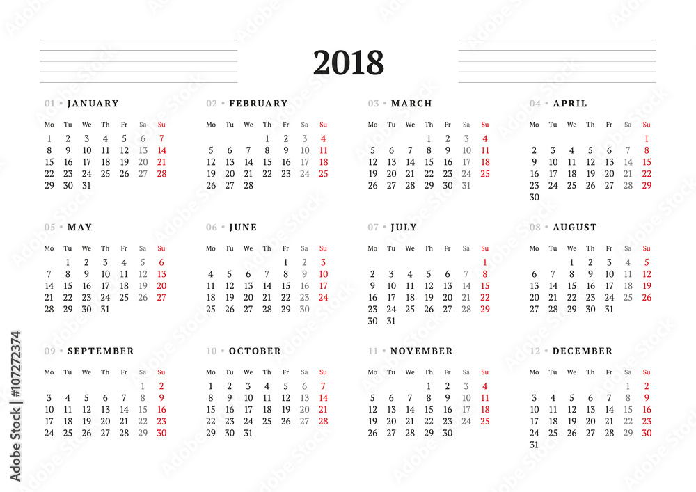 Simple Calendar Template for 2018 Year. Stationery Design. Week starts Monday. Vector Illustration