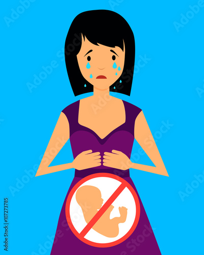 Infertility. Young woman crying and a human embryo. Vector illustration