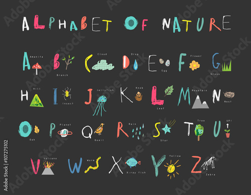 Cute alphabet of Nature. Letters, natural events, flora and fauna
