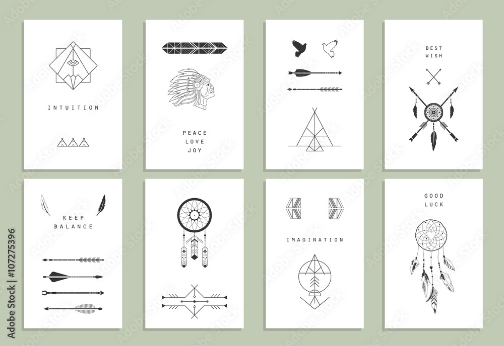 Ethnic cards. Arrows, Indian elements, Aztec borders