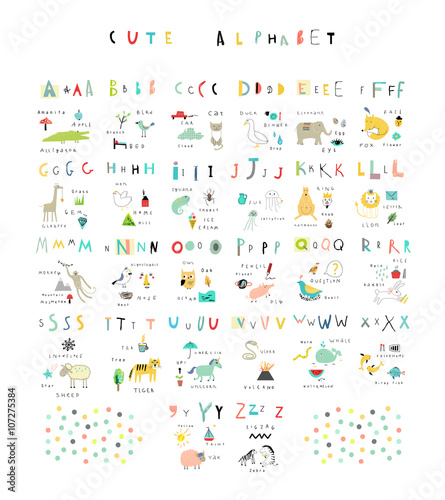 Cute alphabet. Letters and words. Flora, fauna, animals. 