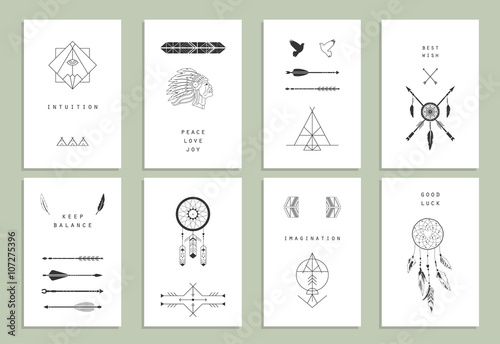 Tableau sur toile Ethnic cards. Arrows, Indian elements, Aztec borders