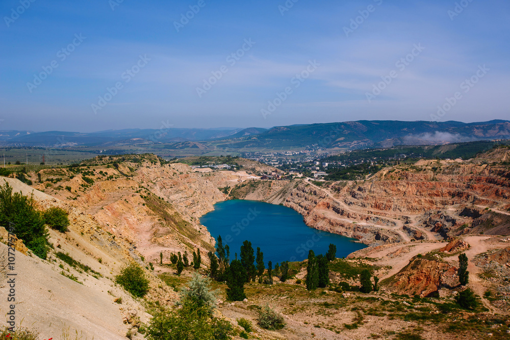 Fluxing limestone quarry in Balaklava Crimea in clear weather in summer Fluxing limestone quarry in Balaklava Crimea in clear weather in summer