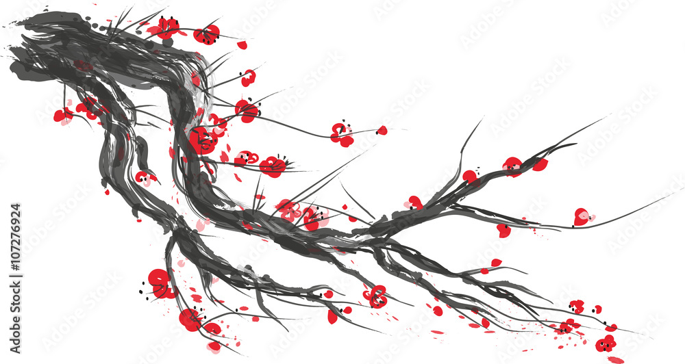 Fototapeta premium Realistic Sakura Blossom - Japanese Cherry Tree. Bloom Plum Branch. Vector