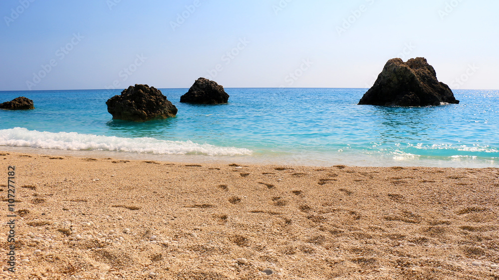 Megali Petra Beach, Lefkada Island, Levkas, Lefkas, Ionian sea. Wild beach of Megali Petra.