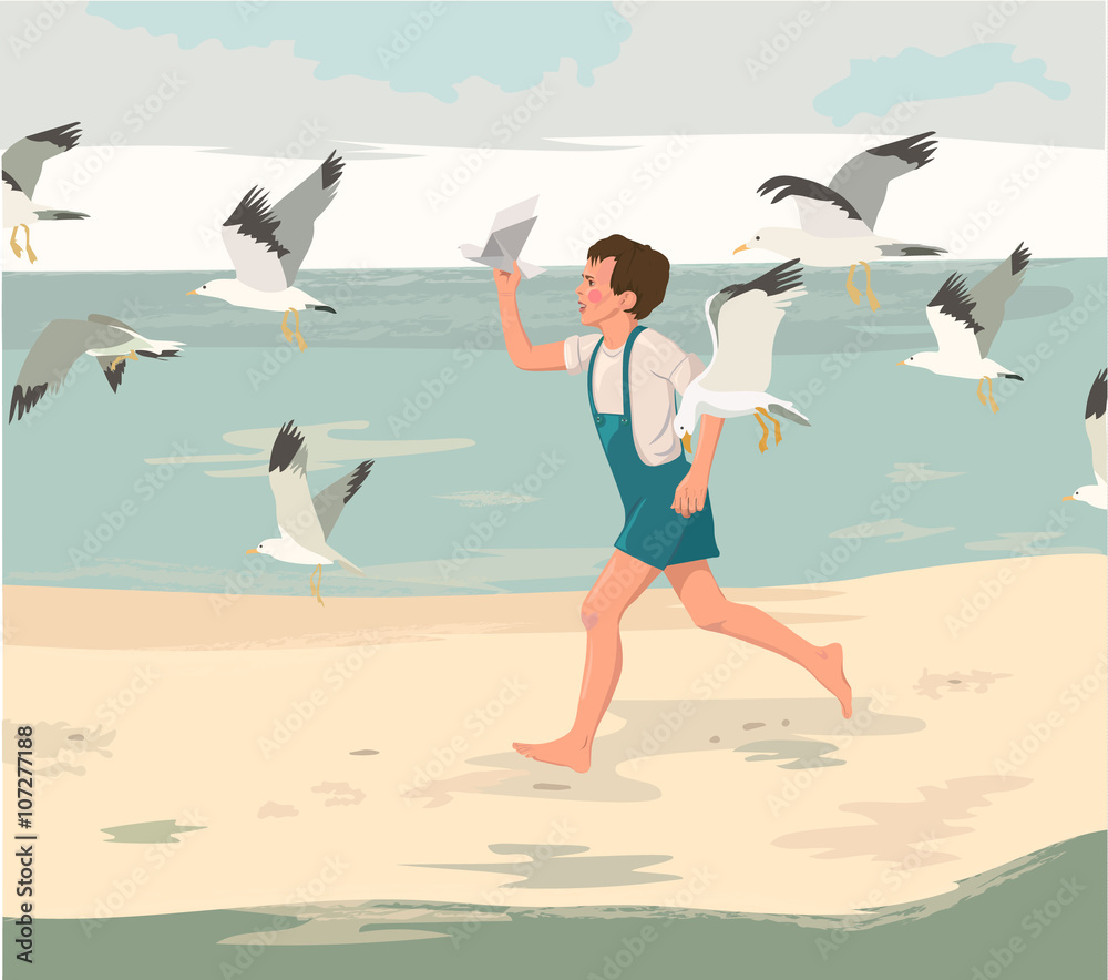 Obraz premium Happy childhood postcard. Cartoon boy running on the beach. Vector illustraton.