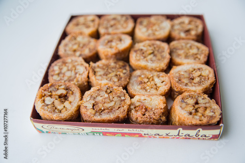 Oriental sweets with honey and nuts photo