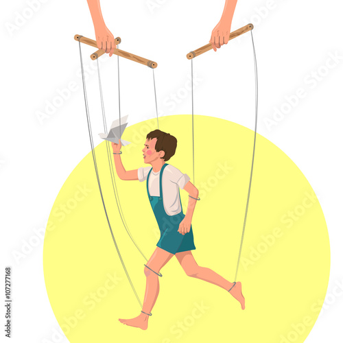 Cartoon marionette boy running. Vector illustraton.