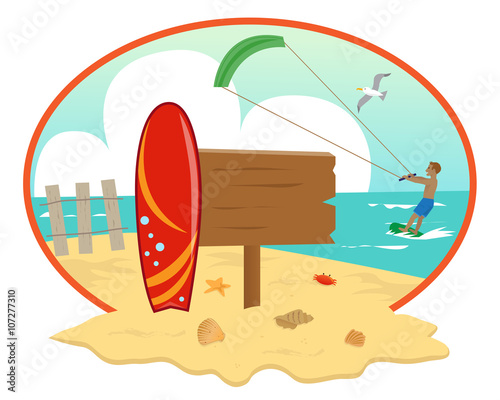 Beach kite surfing - Beach icon with blank wooden sign, surfboard and a man kite surfing in the background. Eps10