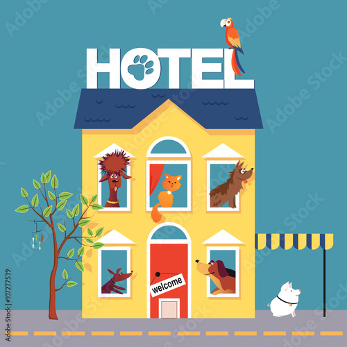Hotel for pets filled with dogs, cat, parrot and a pig, EPS 8 vector illustration, no transparencies