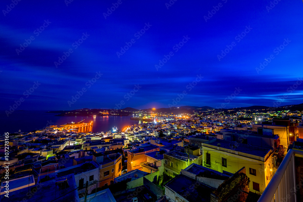 Sunset at Syros island. Panoramic view of one of the most beauti