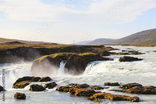 Godafoss Waterfall. Godafoss is a waterfall in Northern Iceland and is the Icelandic term for Waterfall of the Gods.