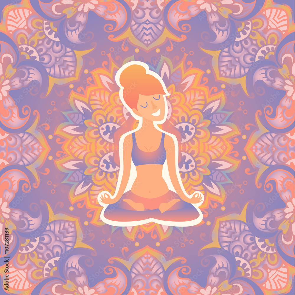 Beautiful girl in the lotus position on the mat for yoga. Vector pastel color illustration on the mandala background. The design concept of yoga, relax, happiness, meditation, indian
