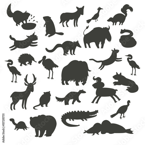 North America animals silhouettes  isolated on white background vector illustration. Black contour big vector set. Preschool  baby  continents  education  drawn