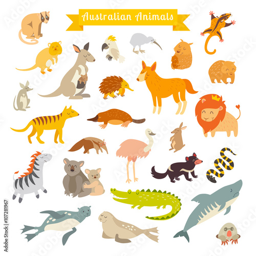 Animals world map, Australia. Vector illustration, preschool, baby, continents, oceans, drawn, Earth © coffeee_in