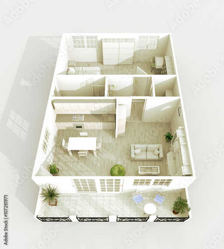 3d interior rendering of roofless furnished rectangular apartment