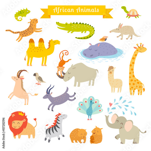 African animals vector illustration. Big vector set. Preschool, baby, continents, travelling, drawn