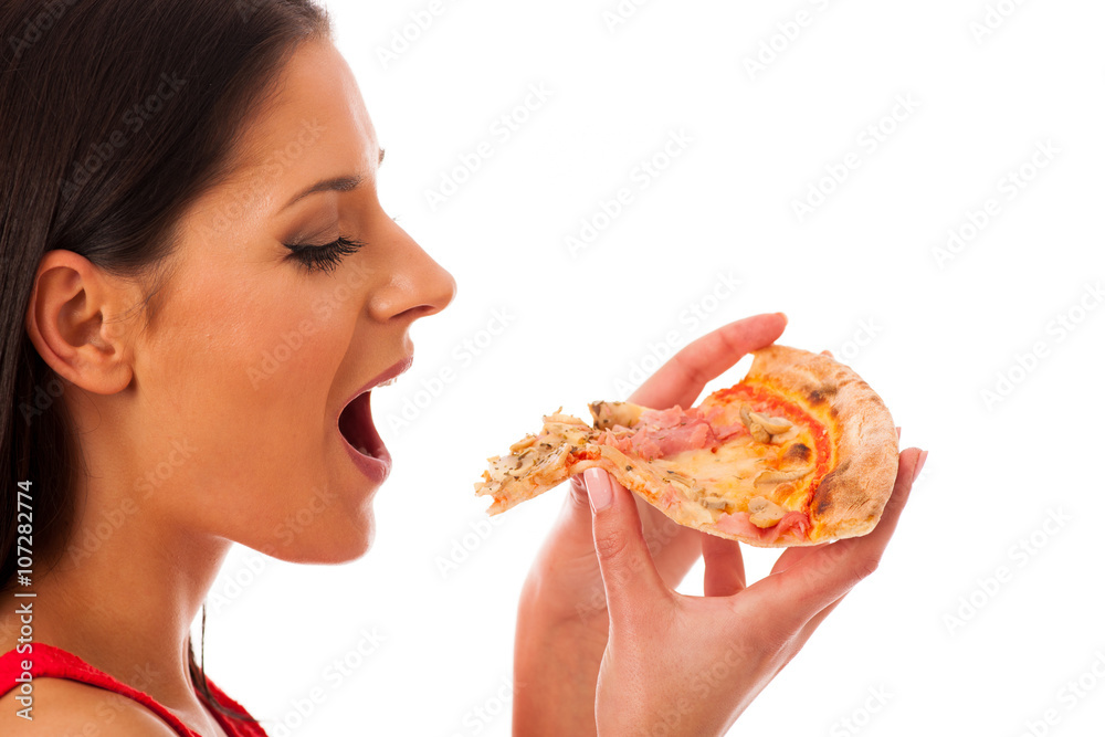 Woman eating tasty piece of pizza. Unhealthy fast food meal. Woman eating tasty piece of pizza. Unhealthy fast food meal.