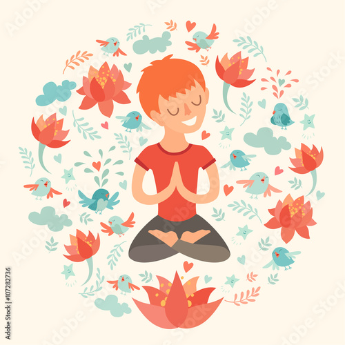 Little boy in the lotus position with lotus flower. Isolated illustration on the white background. The design concept of yoga, fitness, relax, happiness, meditation