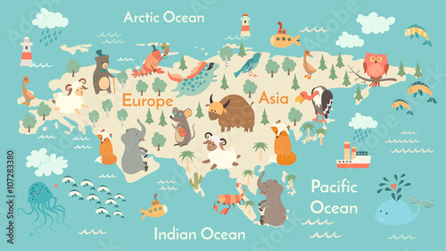 Animals world map, Eurasia. Vector illustration, preschool, baby, continents, oceans, drawn, Earth.