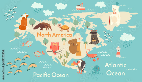 Naklejki na drzwi Mapa świata zwierząt - Ameryka Północna