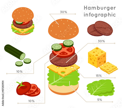 Hamburger ingredients flat isometric style vector infographics