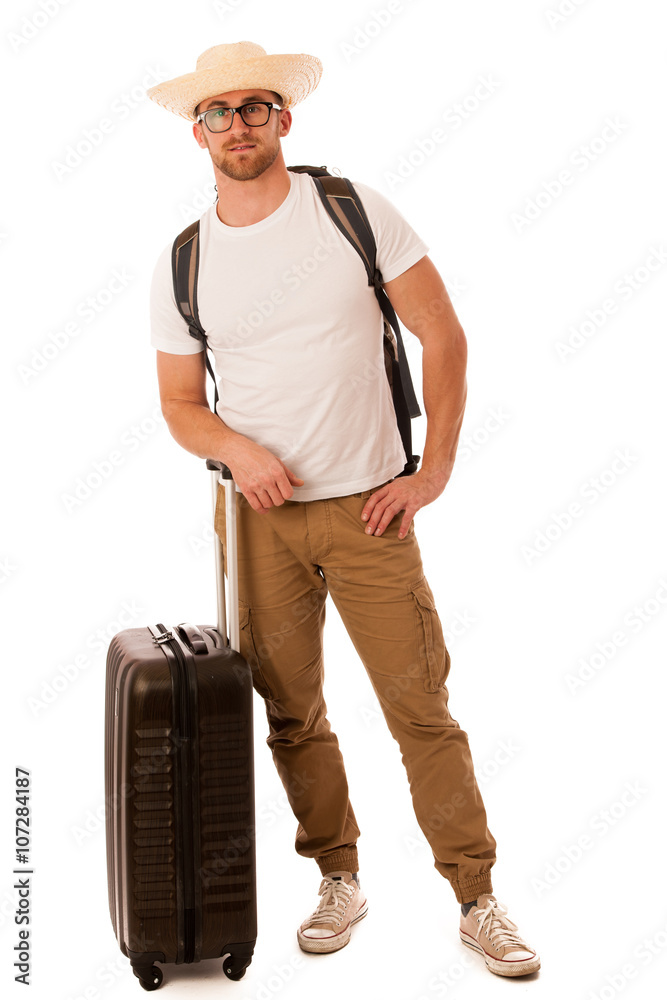 Traveler with straw hat, white shirt, backpack and suitcase wait Traveler with straw hat, white shirt, backpack and suitcase wait