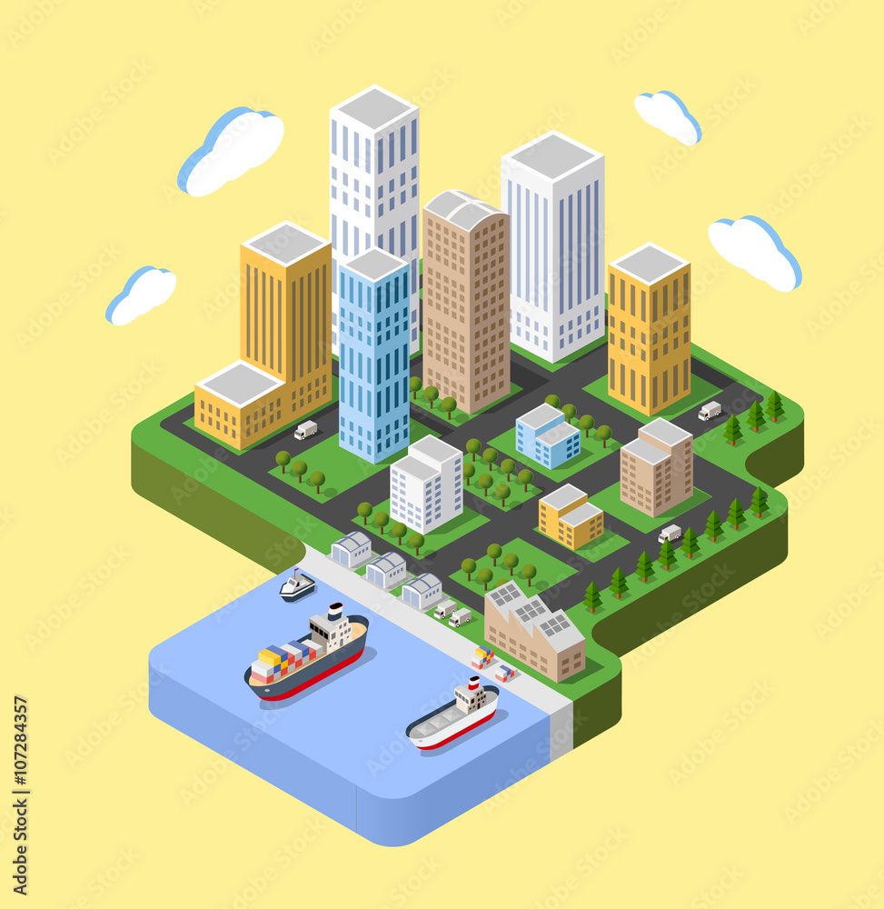 Flat isometric city. Urban neighborhoods, skyscrapers, homes and streets in an isometric view.
