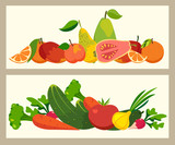 Fresh colored vegetables and fruit banners, vector illustration