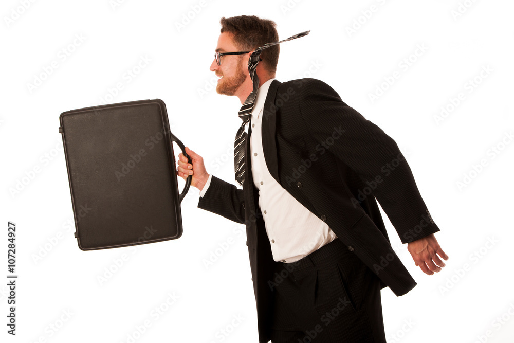 Successful businessman in formal suit and briefcase, running bei Successful businessman in formal suit and briefcase, running bei