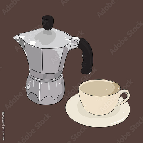 Coffee cup and coffee maker geyser, vector illustration