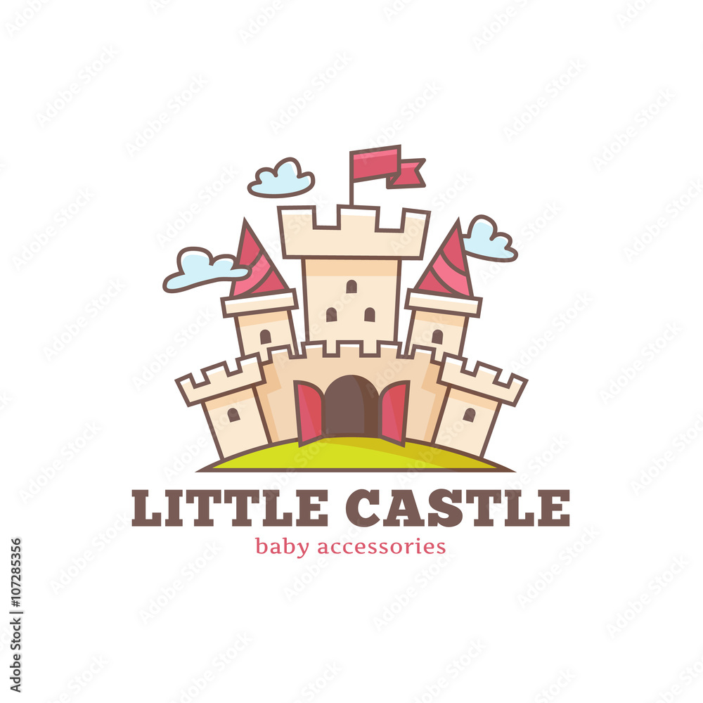 Vector cute little castle logo for baby shop. Kids town logo.