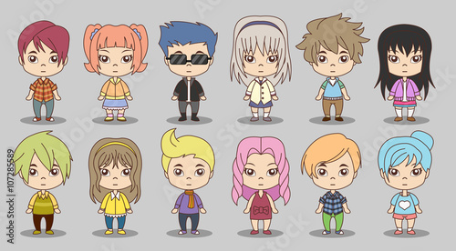 Group of cartoon children. Manga anime teenagers.