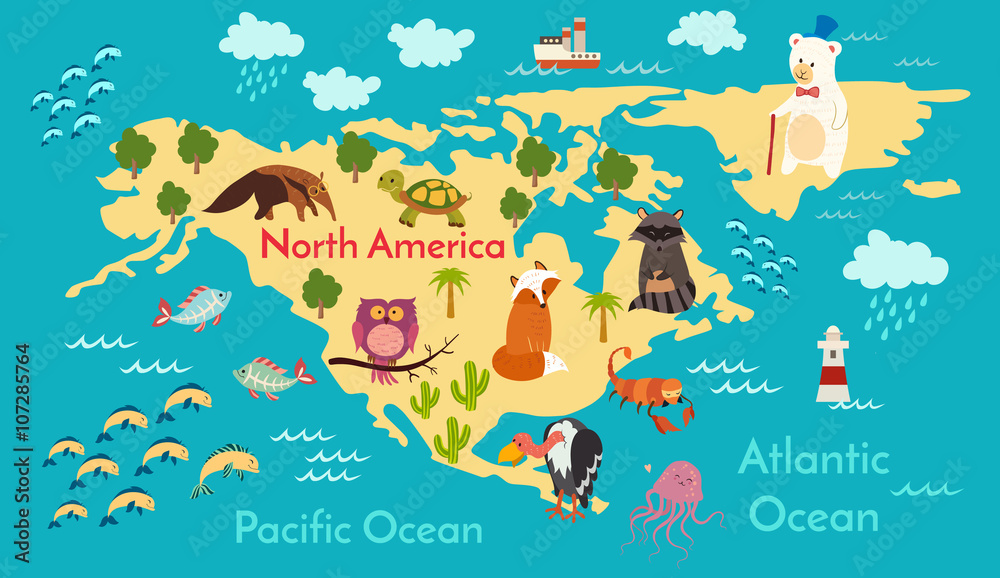 Animals world map, North America. Vector illustration, preschool, baby