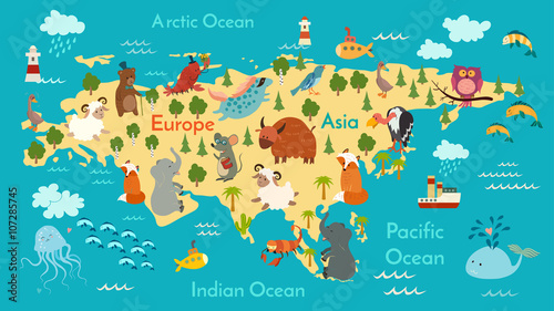 Animals world map, Eurasia. Vector illustration, preschool, baby, continents, oceans, drawn, Earth.