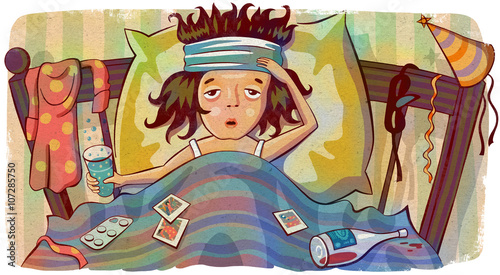 Cuadro en lienzo Woman with hangover lying in bed after party