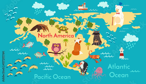 Animals world map  North America. Vector illustration  preschool  baby  continents  oceans  drawn  Earth.