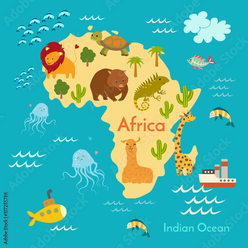 Animals world map  Africa. Vector illustration  preschool  baby  continents  oceans  drawn  Earth.